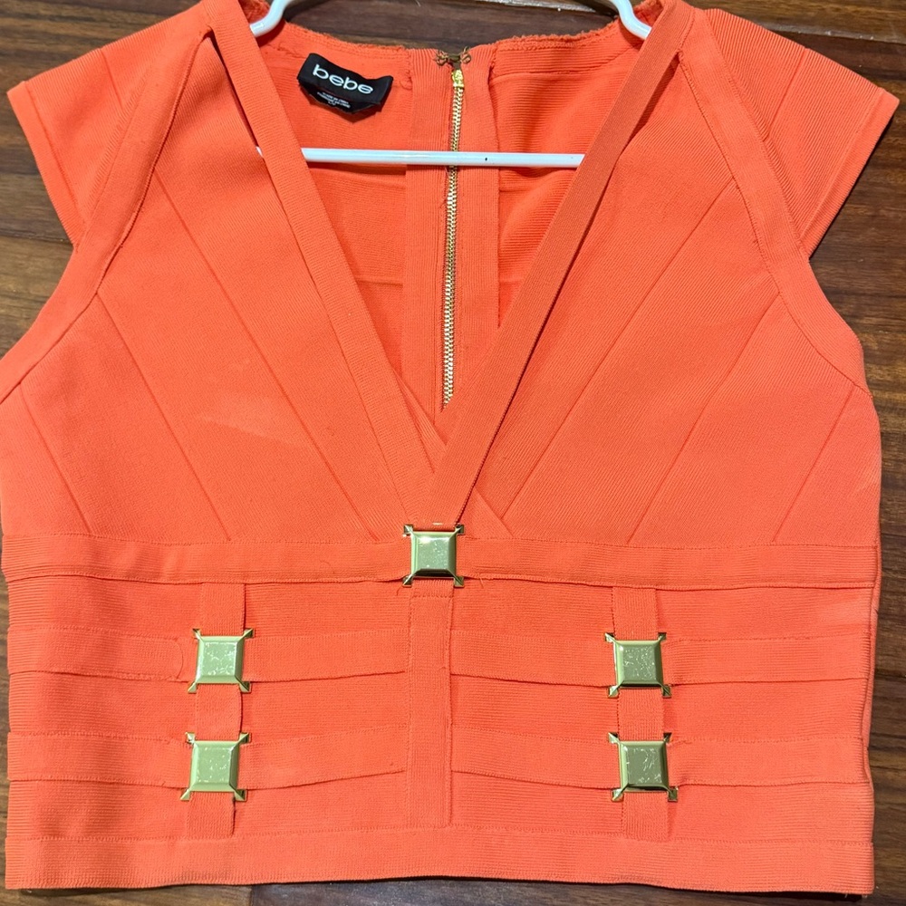 Bebe Orange Crop Top with Gold Accents